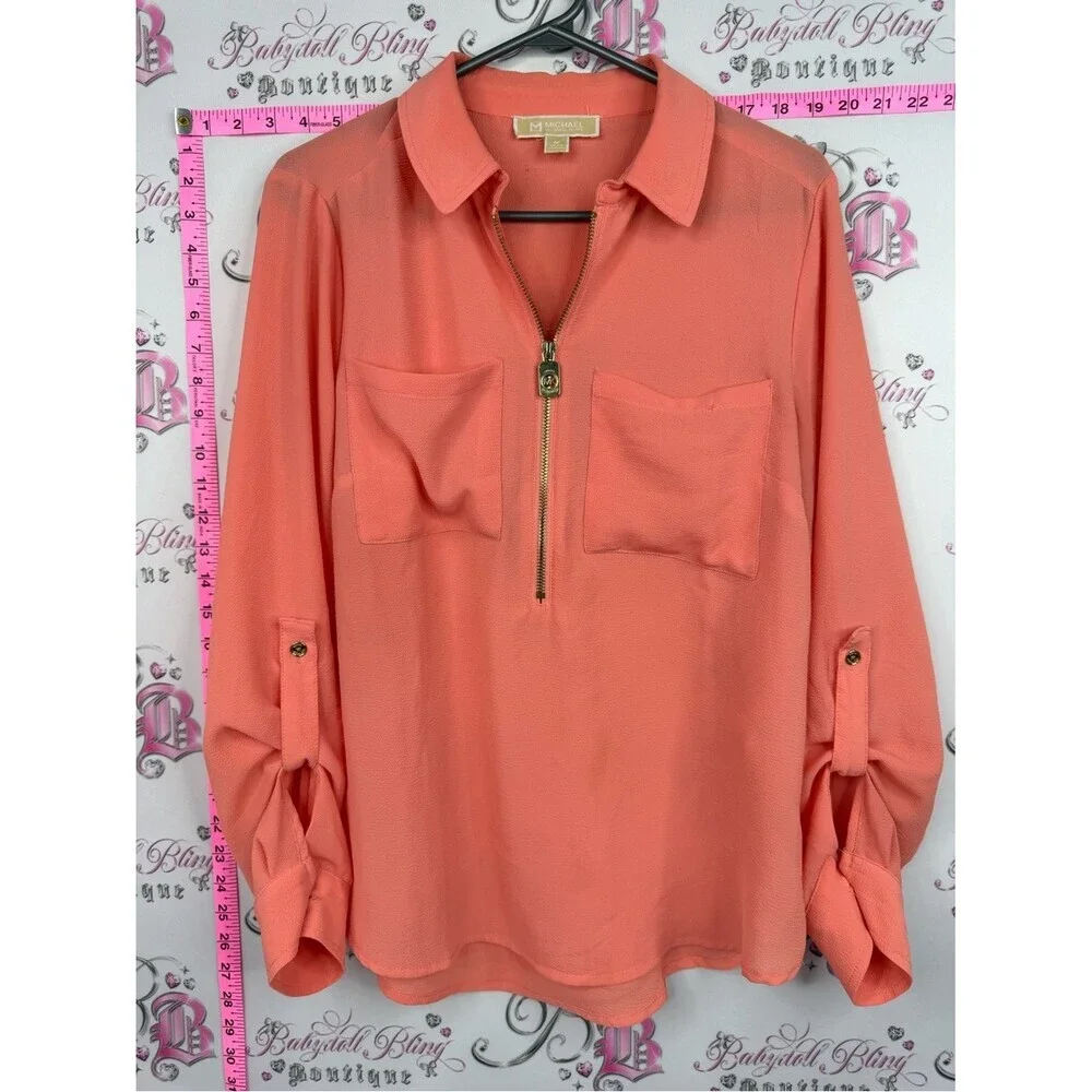 Michael Kors blouse charm zip pull Coral Zip-Front Long Sleeve Blouse